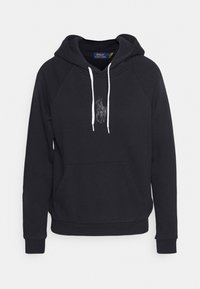 Svart hoodie i bomullsblandning, med känguruficka, vita snören och en broderad logotyp av en riddare på bröstet.