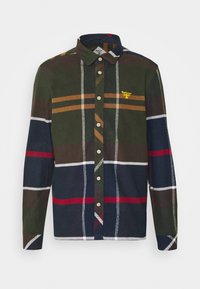 Camicia con bottoni caratterizzata da un motivo a plaid multicolore in verde, blu navy e bordeaux, con un piccolo logo giallo e colletto standard.