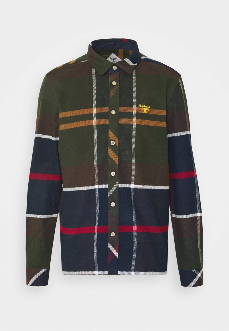 Camicia con bottoni caratterizzata da un motivo a plaid multicolore in verde, blu navy e bordeaux, con un piccolo logo giallo e colletto standard.