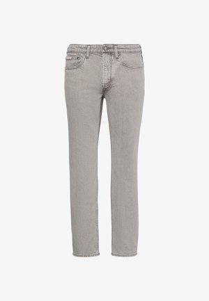 Grijze jeans met rechte pijpen, voorzien van een knoopsluiting aan de voorkant, ritssluiting, paslintlussen en voorzakken, afgebeeld op een witte achtergrond.