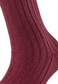 Calzini bordeaux a coste con una texture morbida, caratterizzati da linee verticali che creano un motivo ondulato e una punta rinforzata per una maggiore durata.