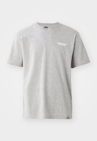 Gray cotton t-shirt with a round neck, short sleeves, and a white logo that reads "DICKIES DEEP ROOTED" on the left chest.