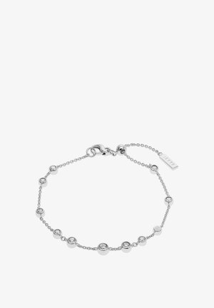 Bracciale in argento con molteplici dettagli rotondi adornati da pietre trasparenti, collegato da una delicata catena e un gancio con etichetta del marchio.