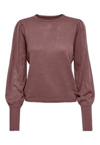 Maglione in maglia malva con maniche lunghe a sbuffo, caratterizzato da un delicato motivo a traforo. Collo a giro e polsini a coste aderenti. Morbido al tatto.