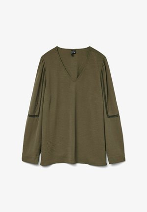 Olivgrünes Langarmshirt mit V-Ausschnitt, aus strukturiertem Stoff und mit schwarzen Akzenten auf den Schultern.