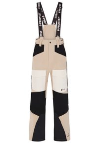Beige en zwarte skibroek met verstelbare bretels en meerdere zakken, met een kleurblokontwerp en duurzame stof.