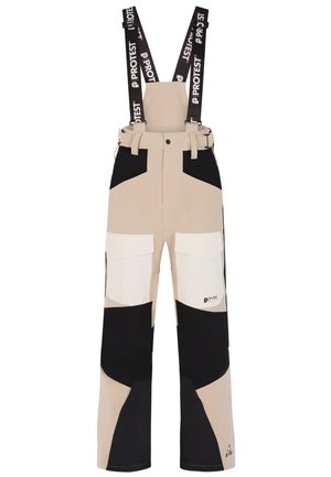 Pantalones de esquí beige y negros con tirantes ajustables y múltiples bolsillos, que presentan un diseño a bloques de color y un tejido duradero.