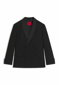 Blazer nero doppiopetto con rever in satin, vestibilità su misura e spalle strutturate. Presenta tasche laterali e polsini con bottoni. Logo HUGO all'interno.