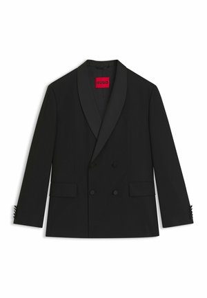 Schwarzer doppelt geknöpfter Blazer mit seidenen Revers, taillierter Passform und strukturierten Schultern. Verfügt über Taschen an den Seiten und geknöpfte Manschetten. HUGO-Logo innen.