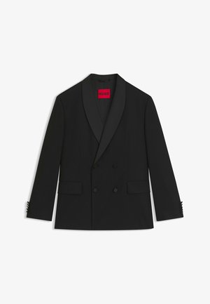 Schwarzer doppelt geknöpfter Blazer mit seidenen Revers, taillierter Passform und strukturierten Schultern. Verfügt über Taschen an den Seiten und geknöpfte Manschetten. HUGO-Logo innen.