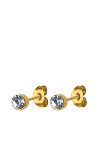 Goldene Steckohrringe mit einem klaren, runden Kristall in der Mitte, die eine glatte Oberfläche und ein einfaches Design mit sichtbarer Hardware präsentieren.