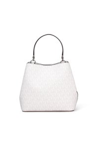 Sac cabas blanc en matériau texturé, arborant un motif monogramme subtil, une poignée en métal argenté et une forme structurée.