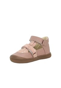 Scarpa in pelle rosa con cinturini in Velcro, punta rotonda, parte superiore texturizzata rosa con pois bianchi e suola in gomma marrone.