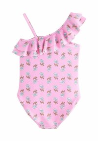 Maillot de bain une pièce rose avec un design asymétrique, présentant une bretelle volante et un motif floral bleu et marron sur l'ensemble du tissu.