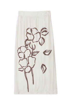 Jupe midi blanche taille haute, arborant un grand motif floral abstrait marron sur un côté.