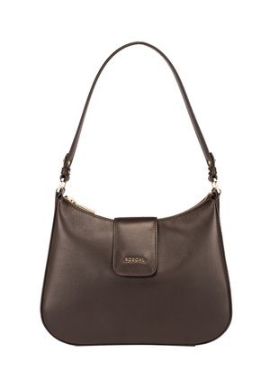 Brown leather handbag with a curved design, zip closure, and a front flap. Features a single shoulder strap and gold hardware accents.