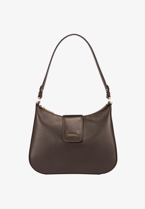 Brown leather handbag with a curved design, zip closure, and a front flap. Features a single shoulder strap and gold hardware accents.