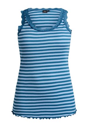 Canotta a righe blu e azzurro chiaro con bordo in pizzo smerlato lungo la scollatura e le aperture delle braccia, realizzata in cotone a coste.