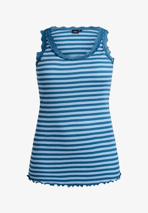Blaues und hellblau gestreiftes Tanktop mit gewelltem Spitzenbesatz entlang von Halsausschnitt und Armlöchern, hergestellt aus geripptem Baumwollstoff.