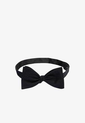 Zwarte satijnen vlinderdas met een gestructureerde afwerking, voorzien van een centrale knoop en een gladde verstelbare riem. Ontworpen voor formele kleding.