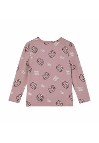 Langärmliges pinkes Hemd mit einem Allover-Print von Hello Kitty, umrandet mit schwarzen Linien und pastellfarbenen Akzenten, aus weichem, dehnbarem Stoff.