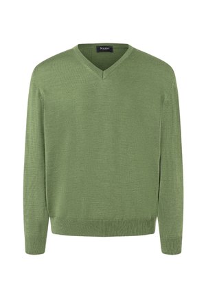 Grüner langärmeliger V-Ausschnitt Strickpullover mit gerippten Bündchen und Saum, auf weißem Hintergrund dargestellt.