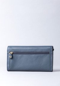 Blue leather wallet with a textured finish, featuring a zippered pocket on the front, gold-tone hardware, and a rectangular shape.