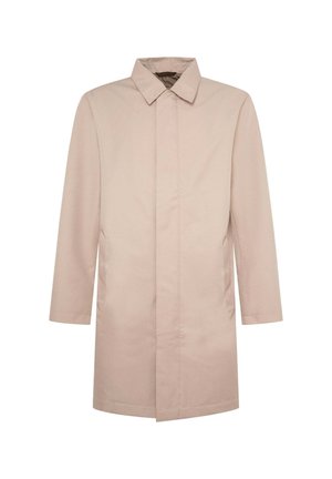 Beige long coat made from smooth fabric, featuring a collar, straight silhouette, and side pockets. Clean, minimalist design without patterns.