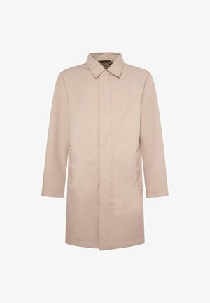 Beżowy długi płaszcz wykonany z gładkiego materiału, z kołnierzem, prostą sylwetką i bocznymi kieszeniami. Czysty, minimalistyczny design bez wzorów.