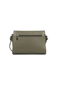 Borsa a tracolla verde oliva con forma rettangolare, dotata di una tasca frontale con zip e una tracolla regolabile. Design minimalista e finitura liscia.