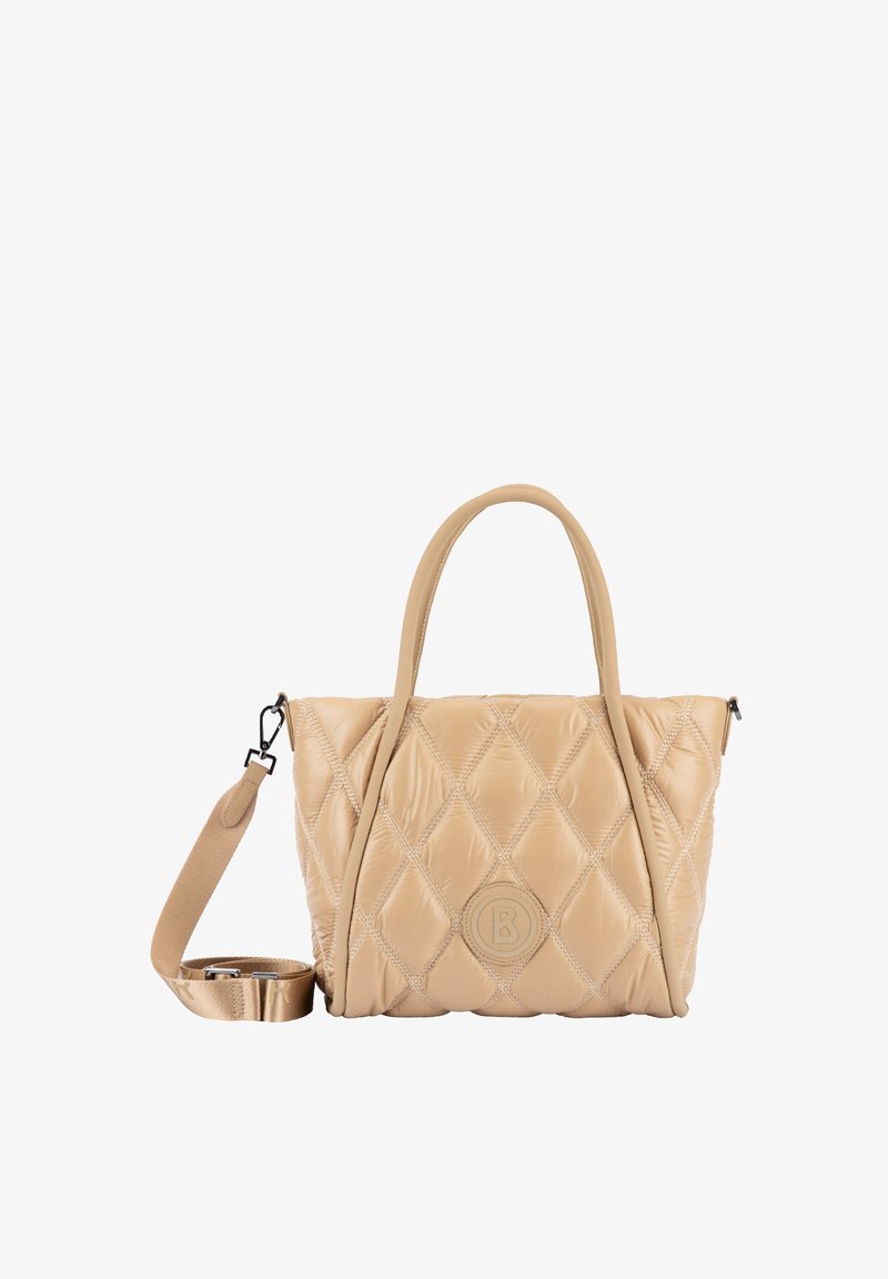 Béžová prošívaná kabelka z umělého materiálu, vybavená dvojitými uchy, odnímatelným popruhem a kulatým logem jako ozdobou.