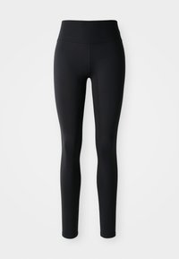 Leggings neri con vita alta, realizzati in un materiale liscio e elasticizzato. Design aderente che si estende fino alle caviglie senza motivi o decorazioni.