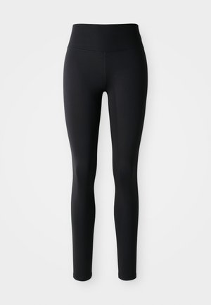 Sorte leggings med høy midje, laget av et glatt, elastisk materiale. Tettsittende design som går ned til anklene uten mønstre eller utsmykninger.