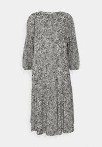 Musta-valkoinen kuvioitu mekko, jossa on pyöreä pääntie, pitkät puffihihat ja kerroksellinen helma, valmistettu kevyestä kankaasta.