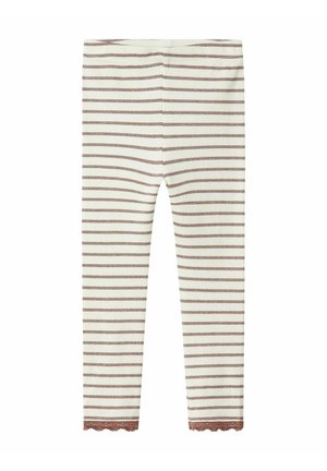 Vollständige cremefarbene Leggings für Kinder mit braunen horizontalen Streifen und gewelltem Spitzenbesatz an den Knöcheln.