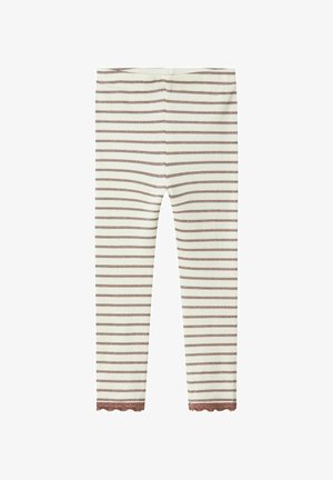 Dziecięce legginsy w kolorze kremowym, sięgające do pełnej długości, z brązowymi poziomymi paskami i koronkowym wykończeniem na kostkach.