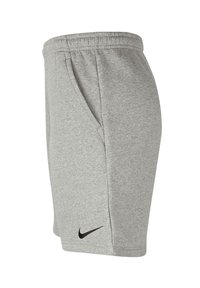 Gray cotton blend shorts with an elastic waistband, side pockets, and a black Nike logo on the lower left side.