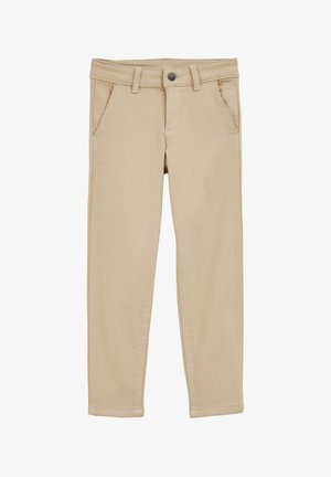 Beige Hose mit geradem Bein, Gürtelschlaufen, vorderen Taschen und einem Knopfverschluss an der Taille.