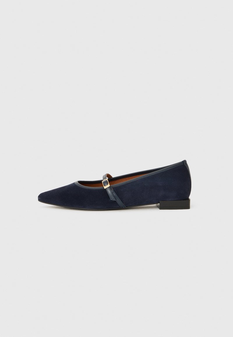 Scarpa piatta in suede blu navy con design a punta, piccolo tacco a blocco e un cinturino con dettaglio in oro. Texture liscia.