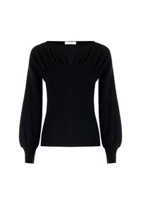 Top a maniche lunghe nera in maglia a costine con dettagli arricciati sul petto e maniche a sbuffo che si stringono ai polsini aderenti.