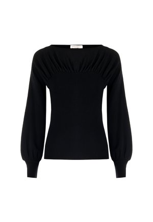 Top a maniche lunghe nera in maglia a costine con dettagli arricciati sul petto e maniche a sbuffo che si stringono ai polsini aderenti.