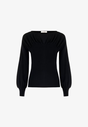 Top a maniche lunghe nera in maglia a costine con dettagli arricciati sul petto e maniche a sbuffo che si stringono ai polsini aderenti.