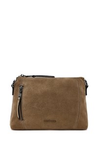 Borsa a tracolla in suede marrone con zip nera e dettagli. Presenta una tasca frontale con zip e una forma semplice e rettangolare. Logo del marchio visibile.