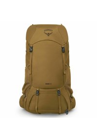 Osprey Rook 65 rugzak in tan, met een gladde stof, een groot compartiment, mesh zijzakken, gespen en verstelbare banden.