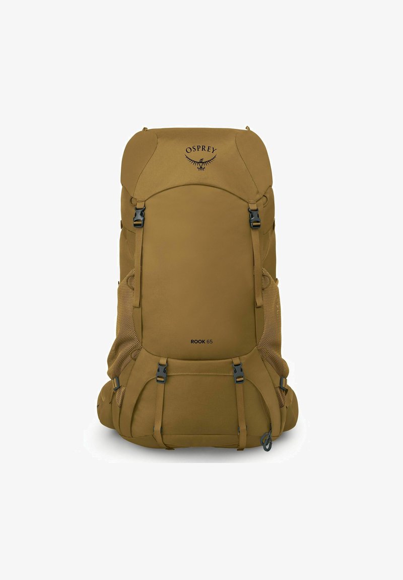 Osprey Rook 65 Rucksack in Beige, mit glattem Stoff, großem Hauptfach, Netz-Seitentaschen, Schnallen und verstellbaren Trägern.