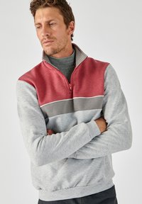 Sudadera gris con cremallera que presenta una franja horizontal roja y gris, de textura suave, cuello alto y puños acanalados. Diseño casual con bloque de color.