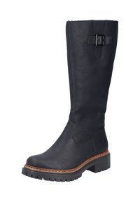 Black leather knee-high boot with a round toe, two-tone stitched detailing, and a buckle accent on the upper side, featuring a textured sole.