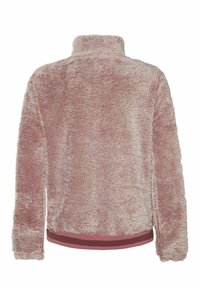 Veste polaire en rose clair doux, dotée d'un col montant et d'un ourlet côtelé avec des rayures rose foncé, conçue dans une coupe décontractée.