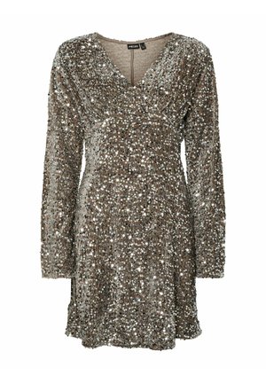 Karnavalinė suknelė su gilia V formos iškirpte, ilgomis rankovėmis ir prigludusiu liemeniu, sidabro ir rudos spalvų raštu bei švelnia tekstūra.