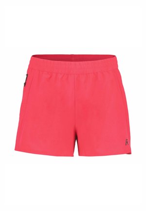 Roze sportkorte broek met een elastische tailleband, zijzakken en een klein zwart logo aan de onderste rechterkant. Soepele textuur en normale pasvorm.